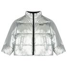 Girls Silver & Black Logo Reversible Puffer Jacket, 1, hi-res