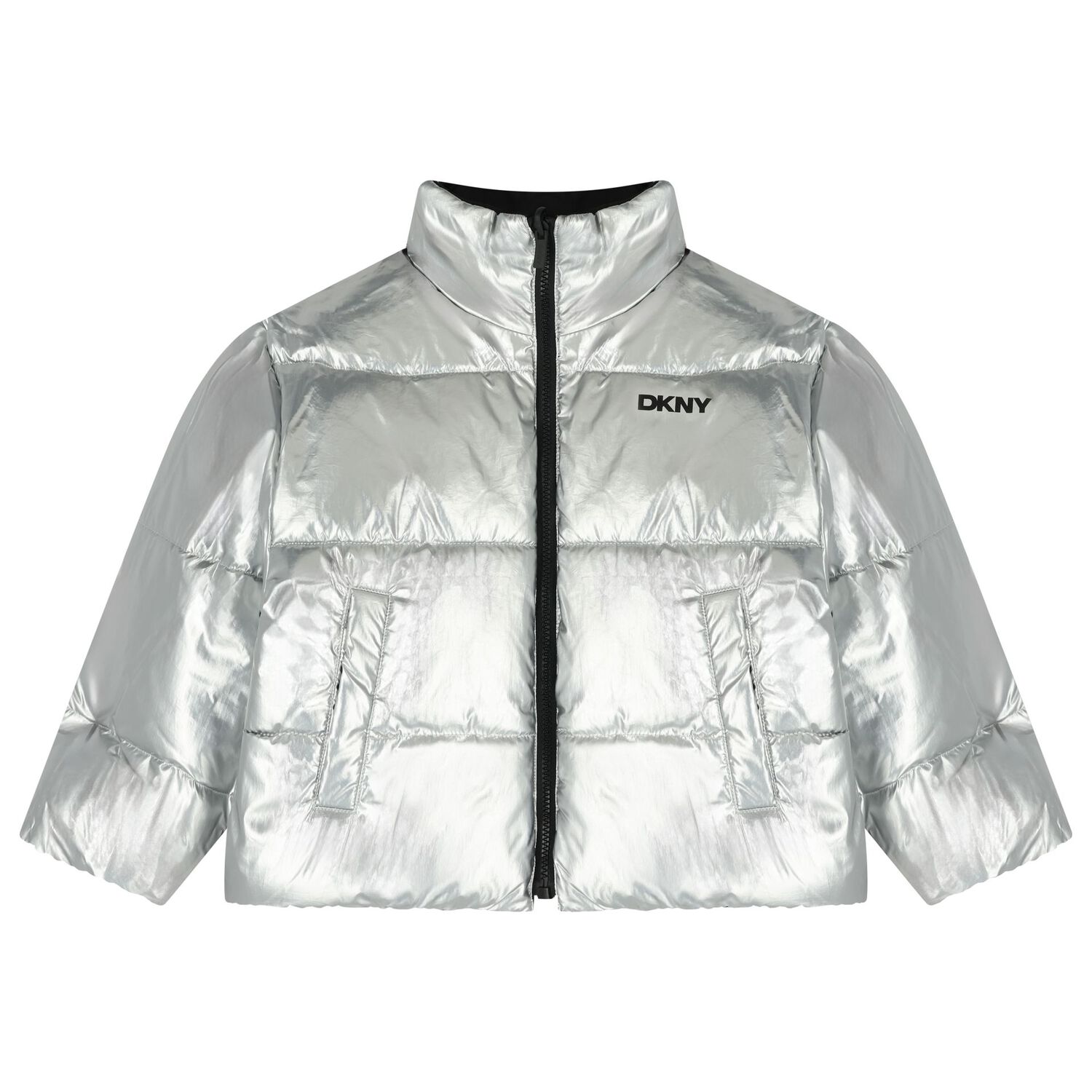 Girls Silver & Black Logo Reversible Puffer Jacket, 1, hi-res