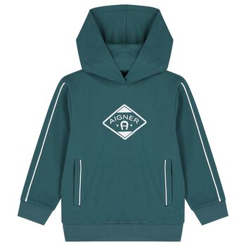 Boys Green Logo Hooded Top