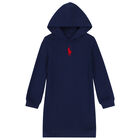 Girls Navy Logo Hooded Dress, 1, hi-res