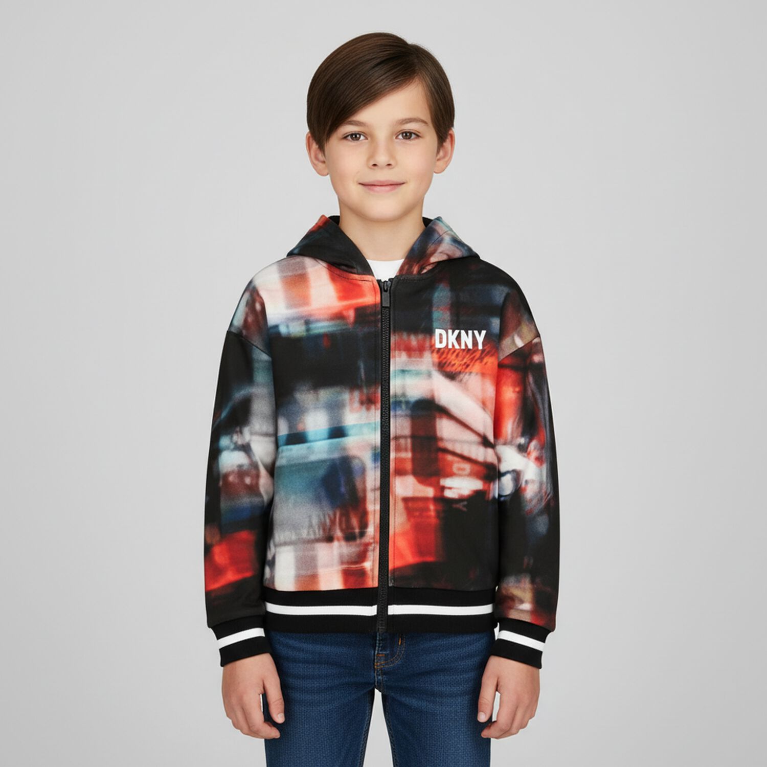 Boys Black, Red & Blue Logo Hooded Zip Up Top, 1, hi-res image number null