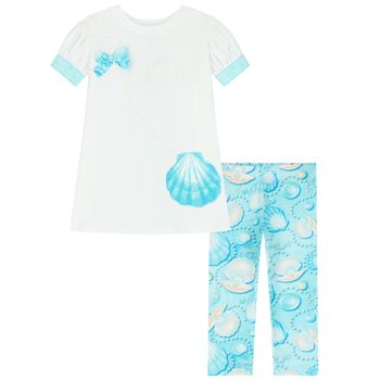 Girls White & Blue Logo Bag Leggings Set