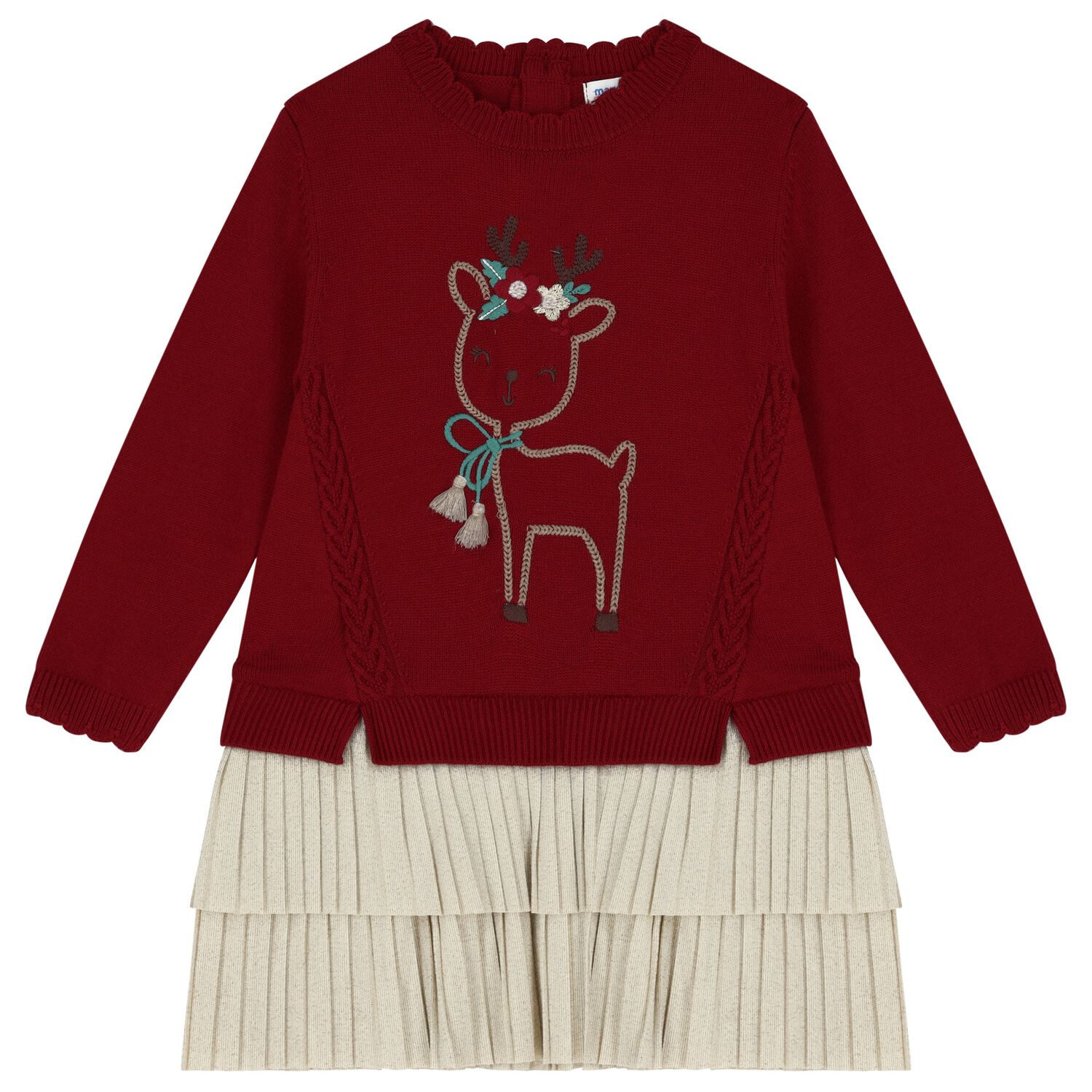 فستان بنات رنة منسوج بالشعار باللون الأحمر والبيج, 1, hi-res
