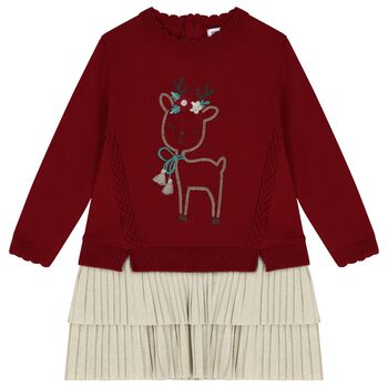 Younger Girls Red & Beige Knitted Reindeer Dress