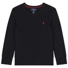 Boys Black Logo Cable Knit Jumper, 1, hi-res