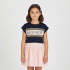 Girls Pink and Navy Blue Logo Dress Set, 2, hi-res