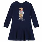 Girls Navy Bear Sweatshirt Dress, 1, hi-res