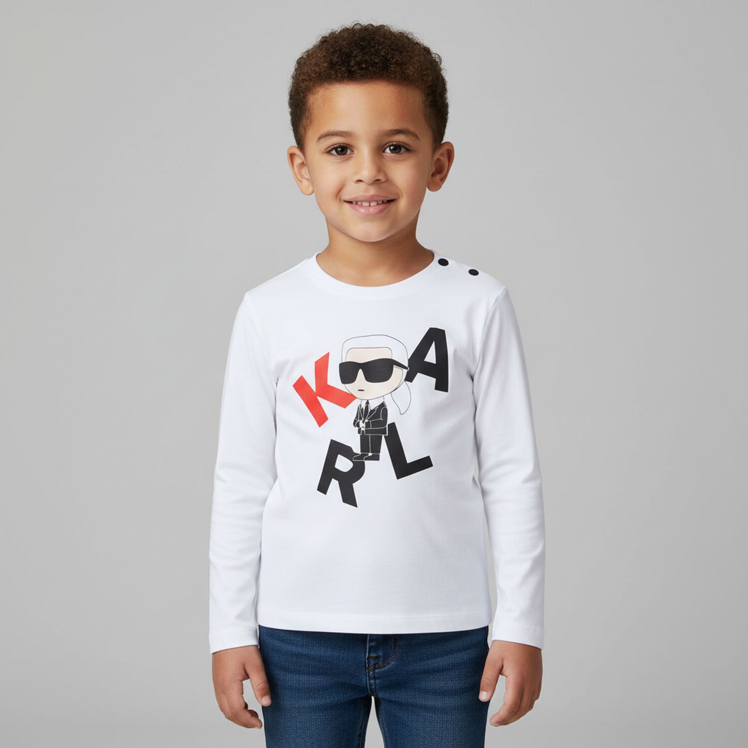 Younger Boys White Ikonik Karl Long Sleeve Top, 1, hi-res