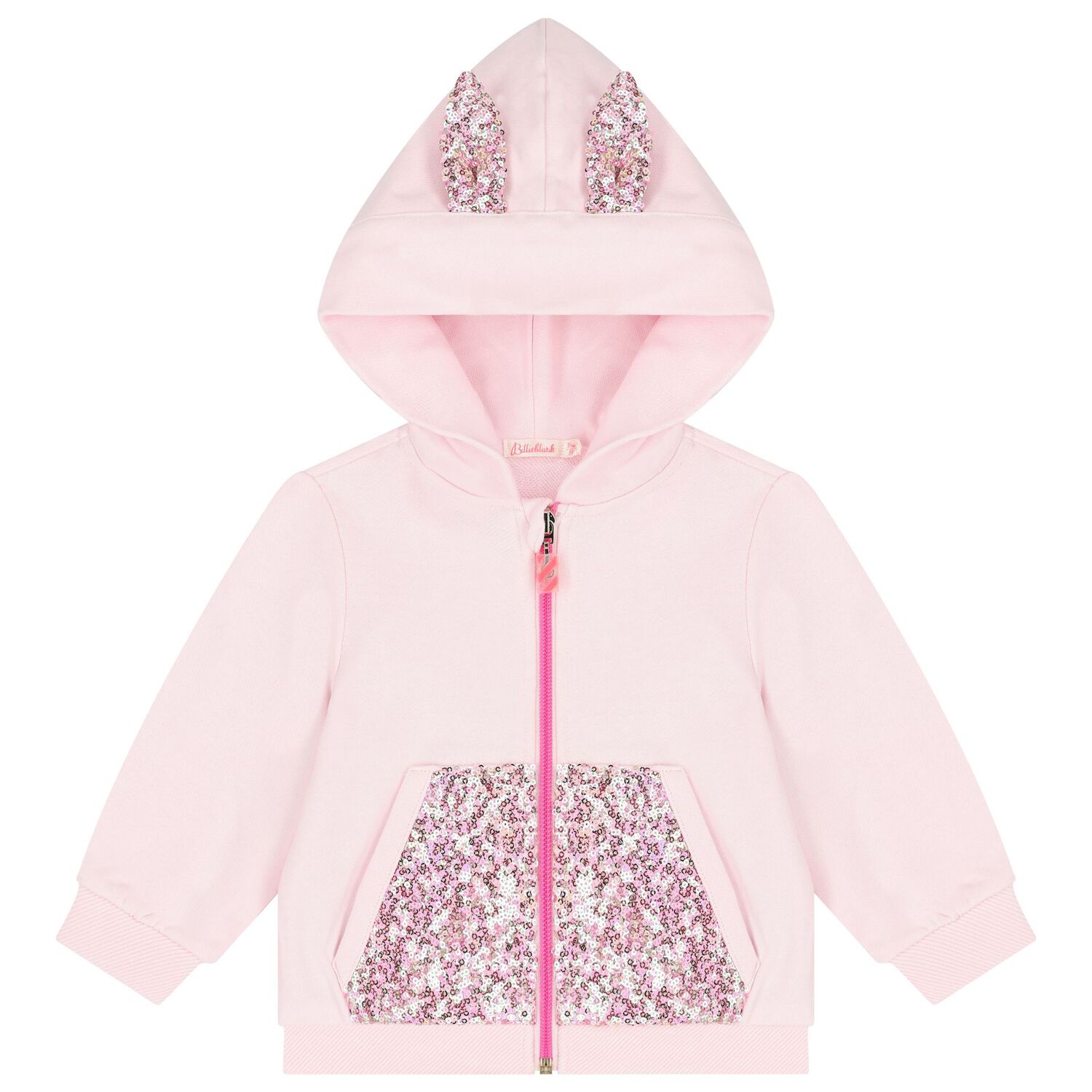 Younger Girls Pink Sequin Hooded Zip Up Top, 1, hi-res