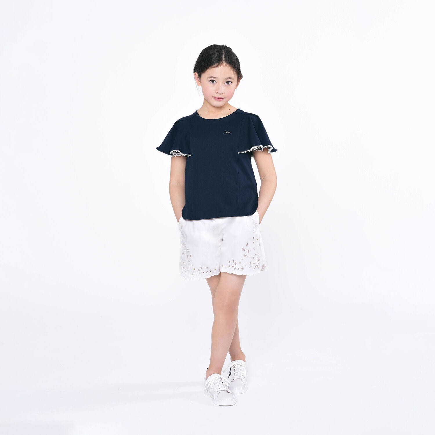 Girls Navy Blue Logo Ruffle Sleeve T-Shirt, 1, hi-res