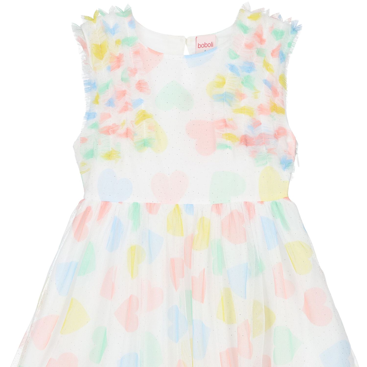 Girls White Tulle Heart Print Dress, 1, hi-res
