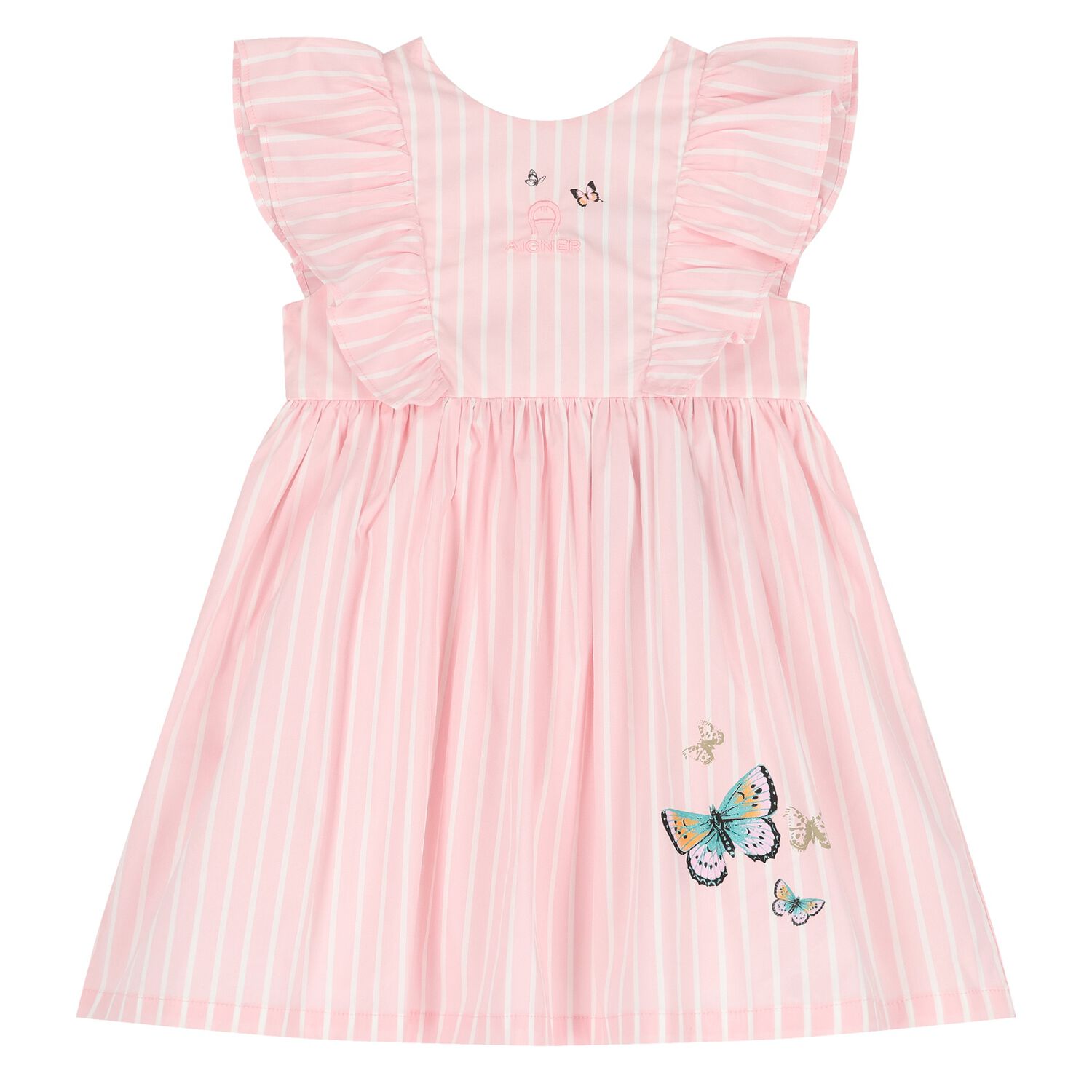 Younger Girls Pink Logo Striped Dress, 1, hi-res