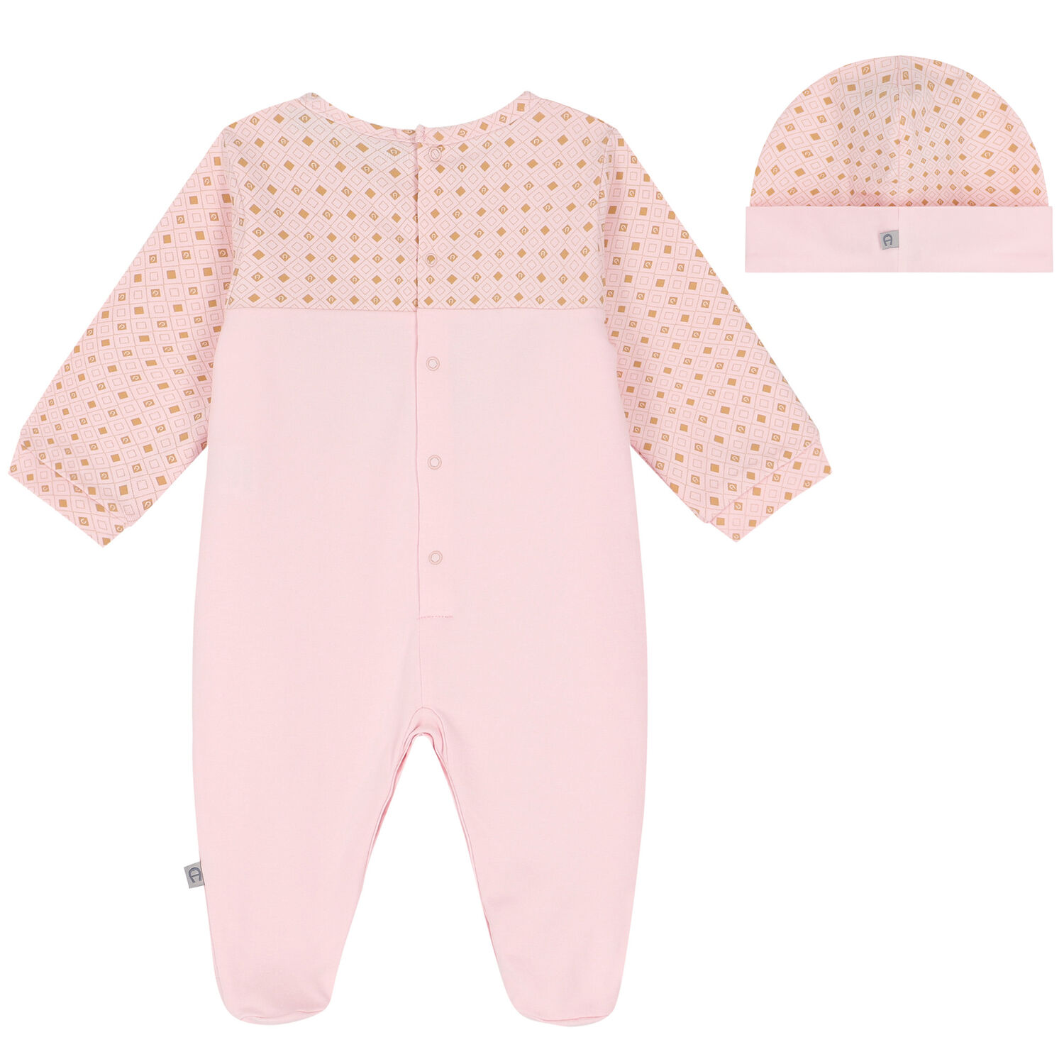 Girls Pink, Ivory & Gold Logo Babygrow & Hat Set, 2, hi-res