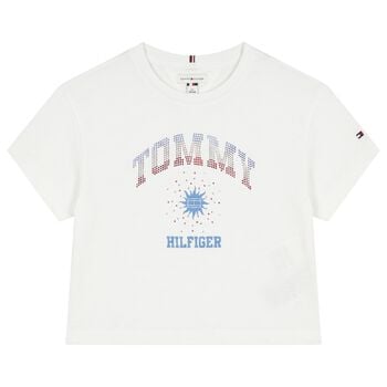 Girls White Rhinestone Logo T-Shirt 