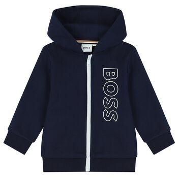 Younger Navy Blue Logo Hooded Zip Up Top