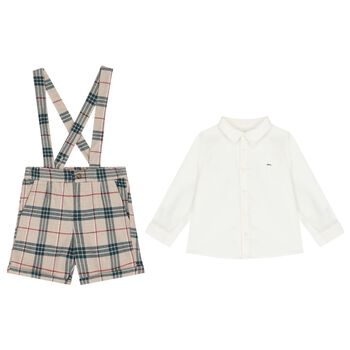 Baby Boys Ivory & Beige Check Shorts Set