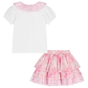 Girls Pink & White Broderie Anglaise Skirt Set