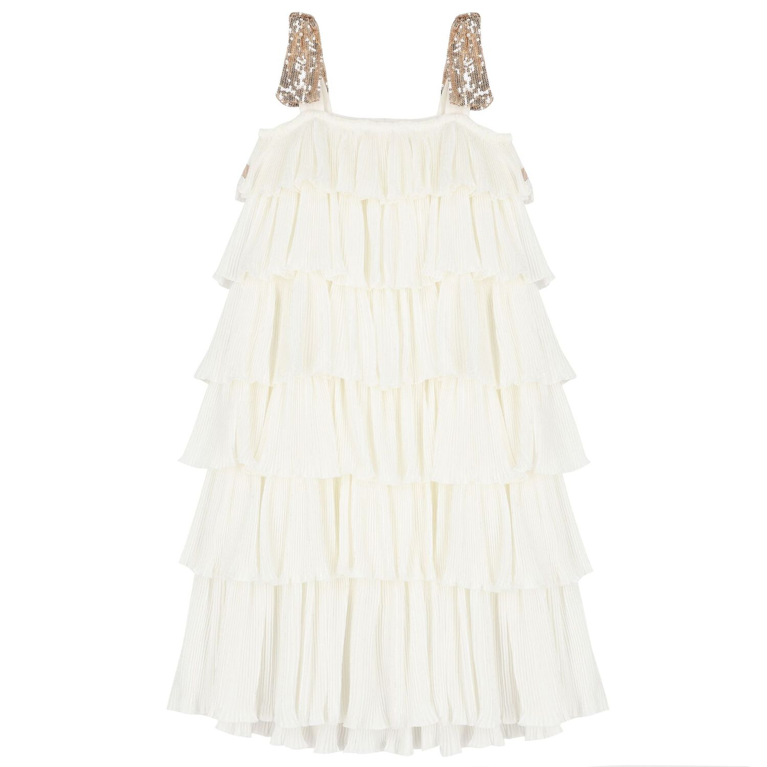 Girls White Tiered Sequin Dress, 1, hi-res