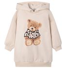 Girls Beige Fleece Hooded Dress, 2, hi-res