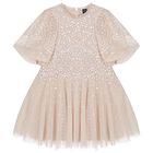 Girls Beige Sequin Tulle Dress , 1, hi-res
