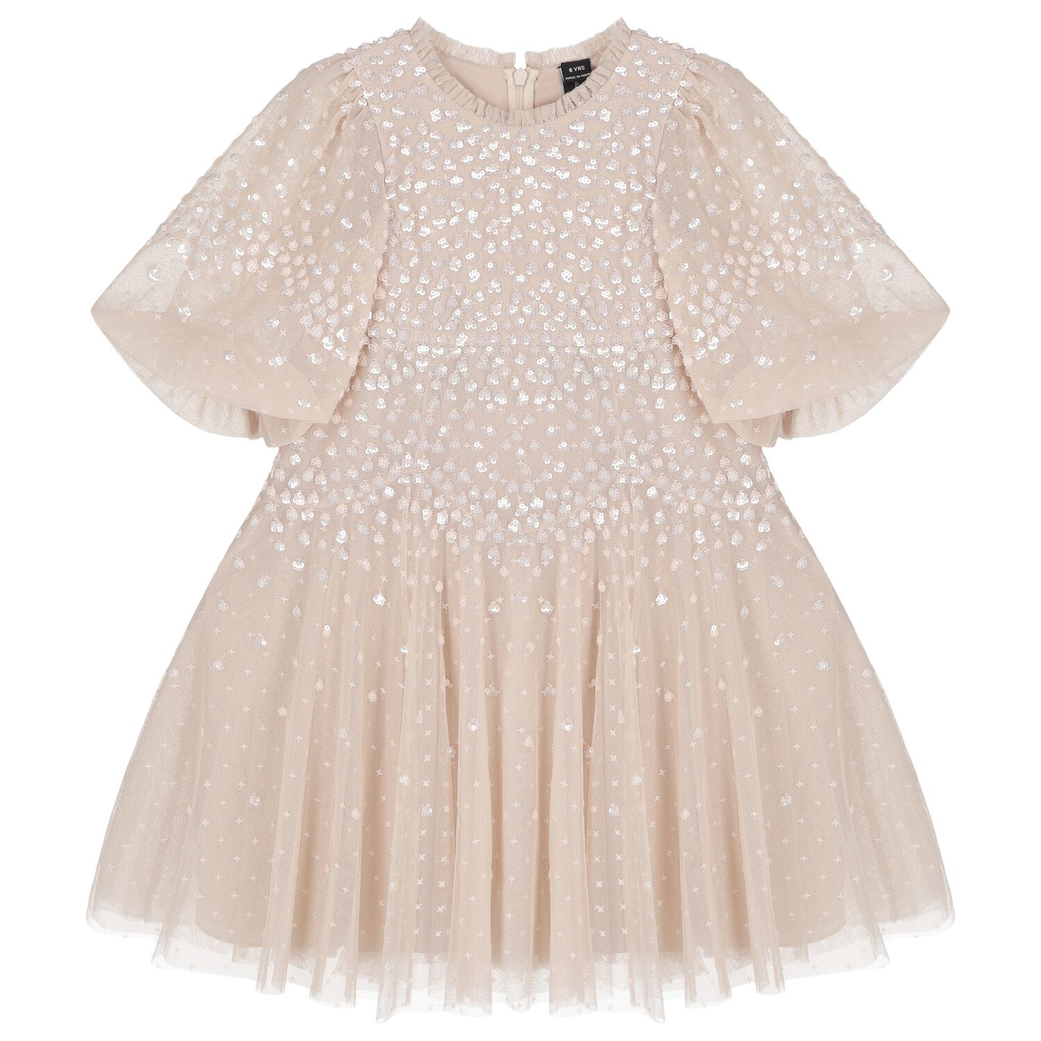 Girls Beige Sequin Tulle Dress , 1, hi-res