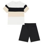 Boys White, Black & Beige Striped Shorts Set, 1, hi-res