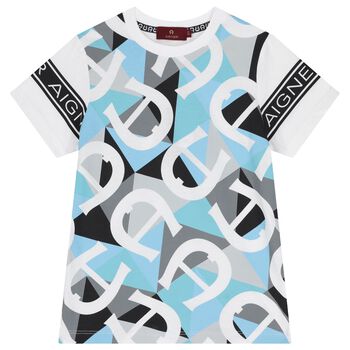 تيشيرت اولاد بالشعار باللون الابيض والازرق 