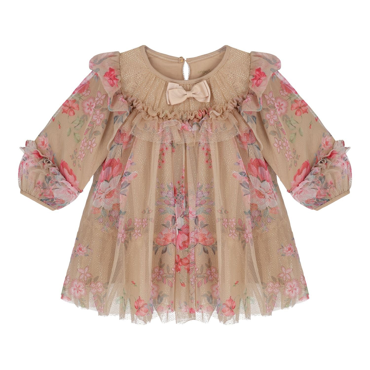 فستان تول مزخرف بالزهور باللون البيج للبنات , 3, hi-res