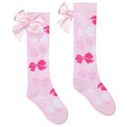 Girls Pink Satin Bow Socks, 1, hi-res