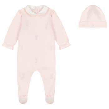Emile et Rose Baby Girls Pink Embroidered Bunnies Babygrow Set, 1 Baby Girls Pink Embroidered Bunnies Babygrow Set