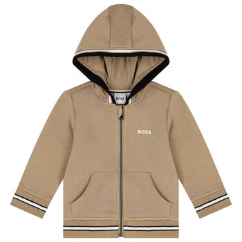 Younger Boys Beige Logo Hooded Zip Up Top