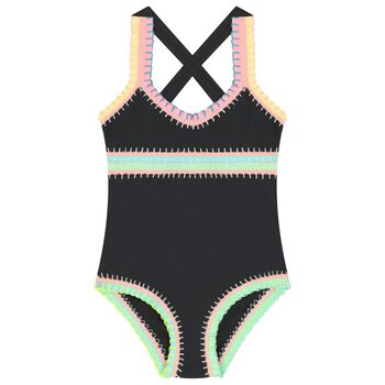 Girls Black Embroidered Swimsuit