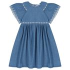Girls Denim Blue Floral Lace Dress, 1, hi-res