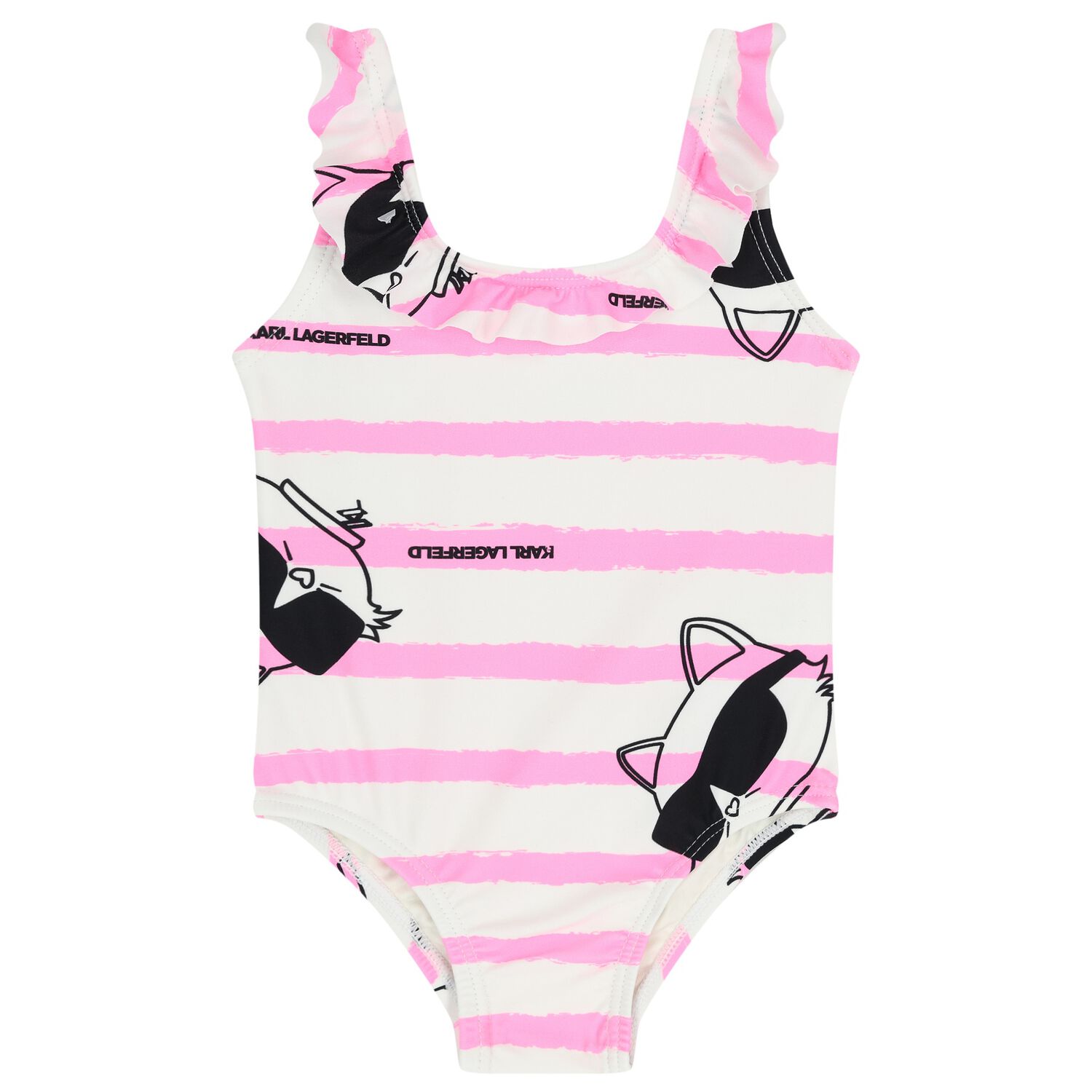 Girls White & Pink Choupette Stripe Swimsuit, 1, hi-res