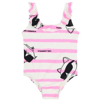 ملابس سباحة مخططة باللونين الابيض و الوردي للبنات 