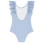 Girls White & Blue Striped Logo Swimsuit, 1, hi-res