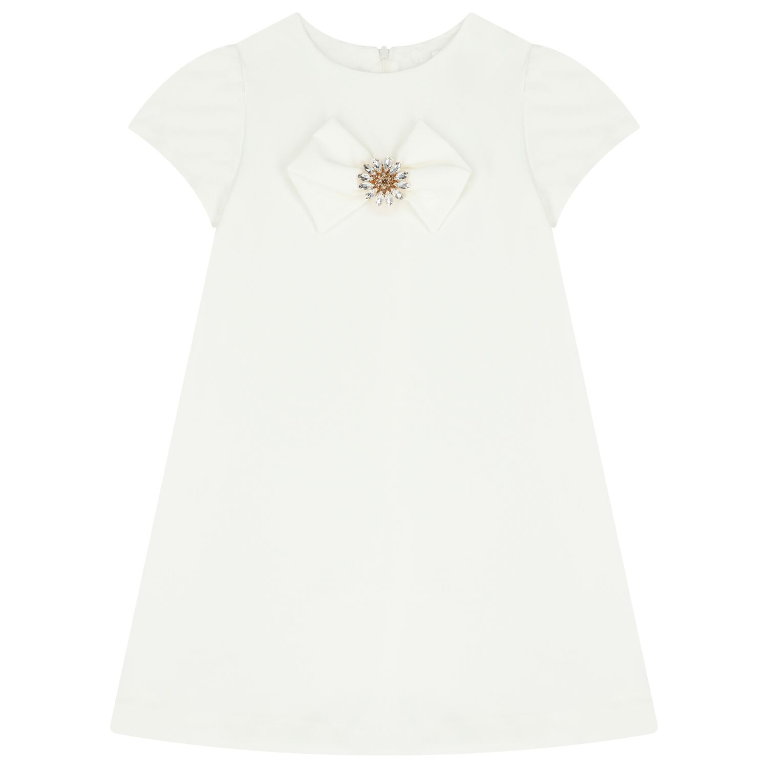 Girls White Bow Diamante Dress, 1, hi-res