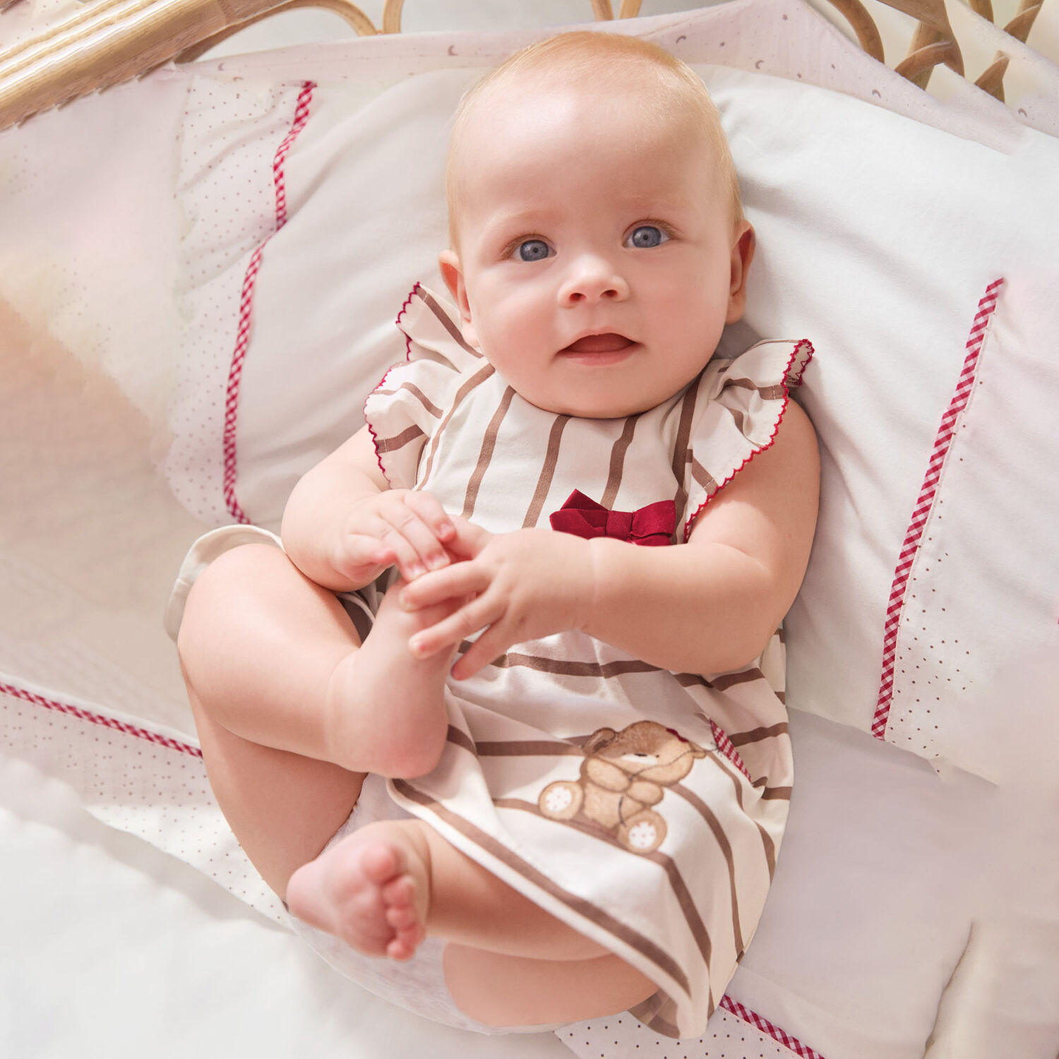 Baby Girls Ivory Striped Teddy Bear Dress, 1, hi-res