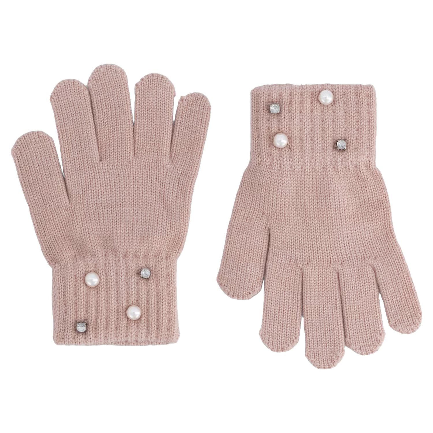 Girls Pink Embellished Knitted Gloves, 1, hi-res