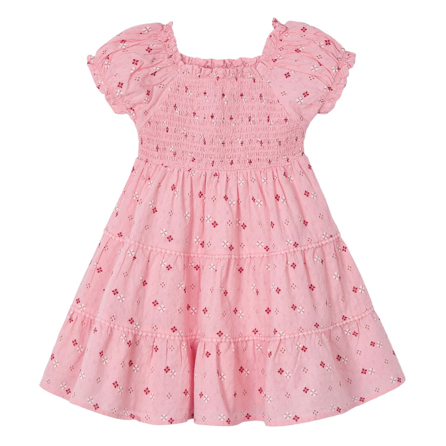 Girls Pink Printed Smocked Dress, 1, hi-res