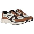 Boys White & Beige Logo Leather Trainers, 1, hi-res