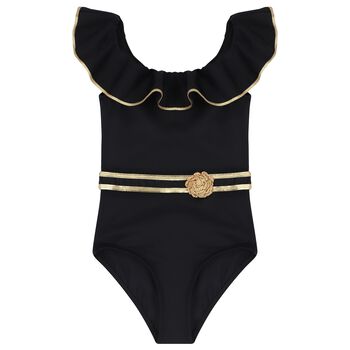 Girls Black Ruffled Swimsuit