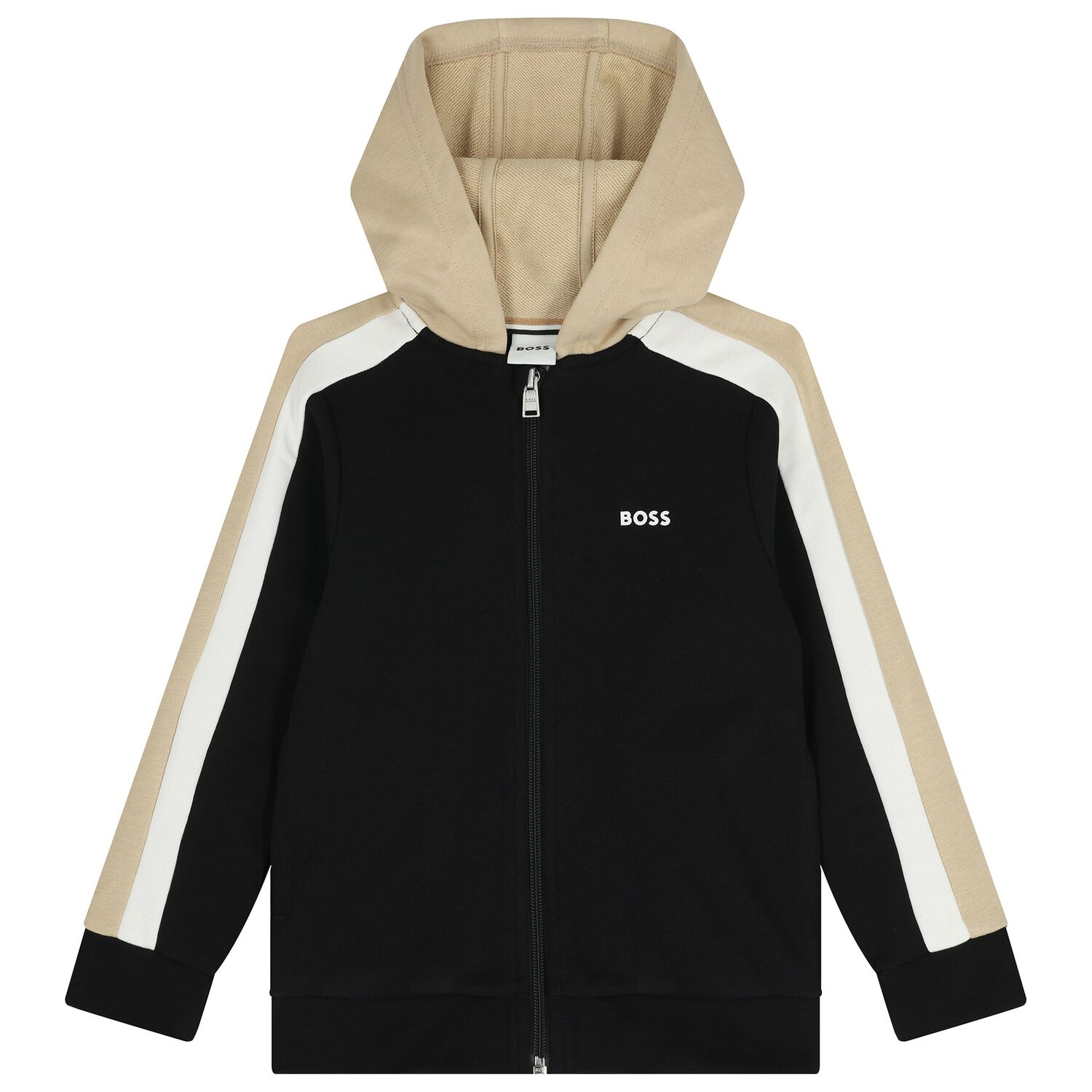Boys Black Logo Hooded Zip Up Top, 1, hi-res