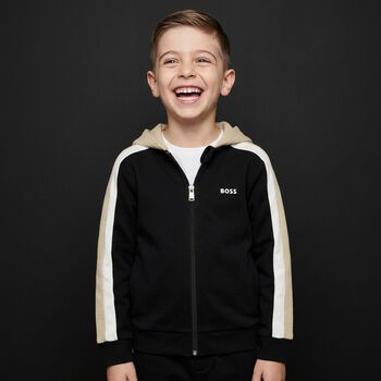 Boys Black Logo Hooded Zip Up Top