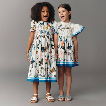 Girls White & Blue Poplin Butterfly Print Dress