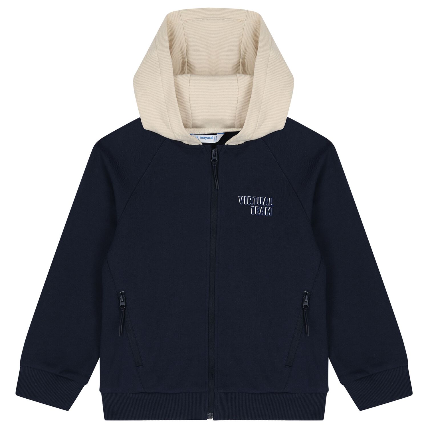 Boys Navy Blue & Beige Hooded Zip Up Top, 1, hi-res