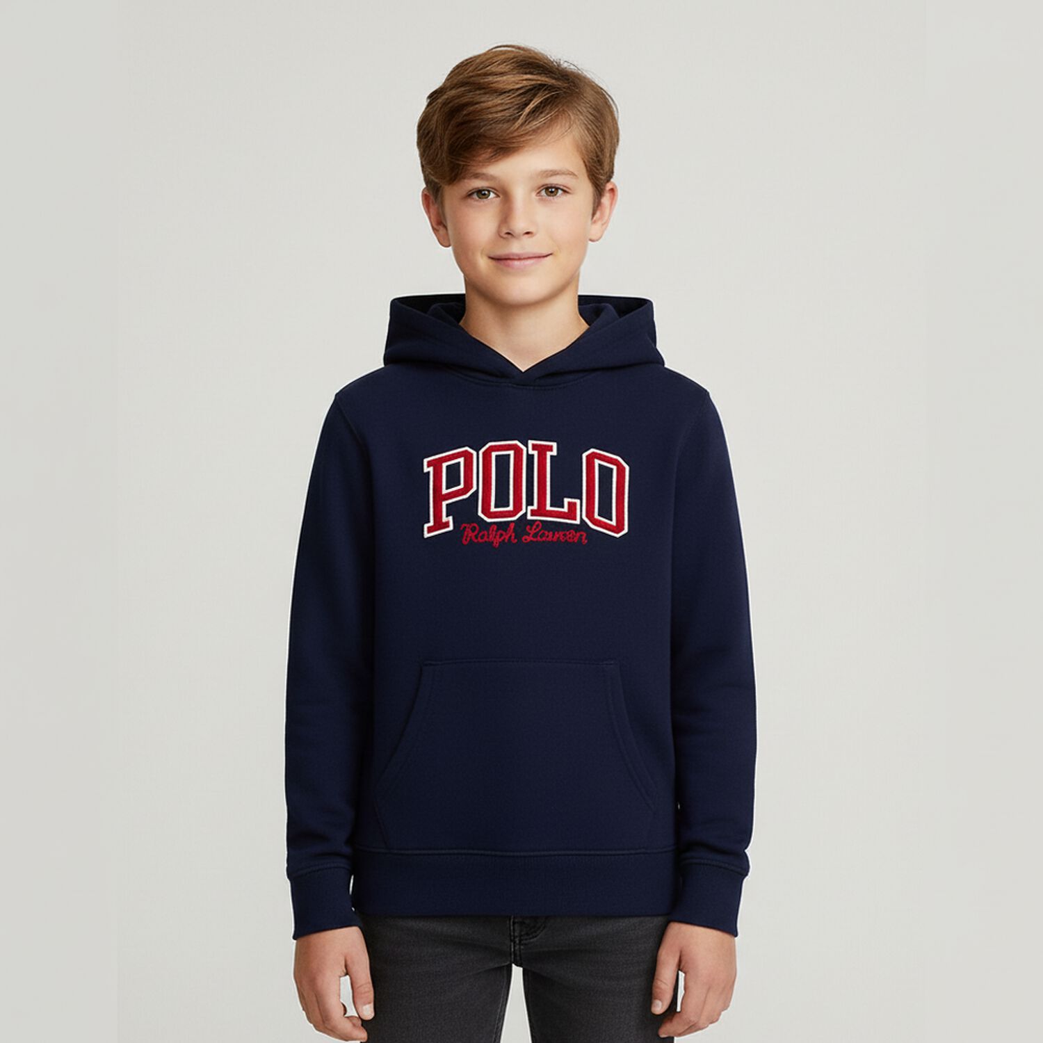 Boys Navy Logo Hooded Top, 1, hi-res