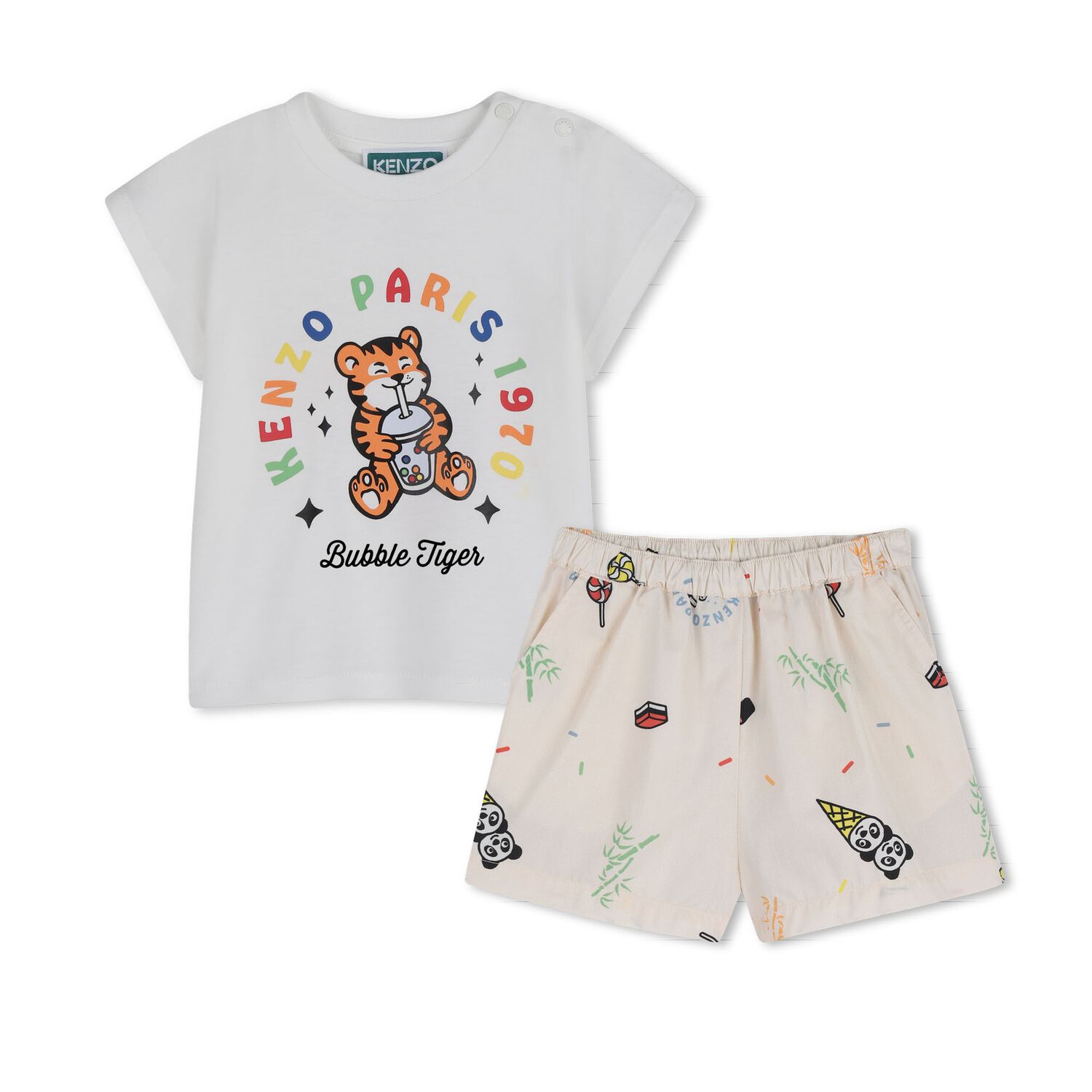 Younger Boys White & Ivory Bubble Tiger Shorts Set, 1, hi-res