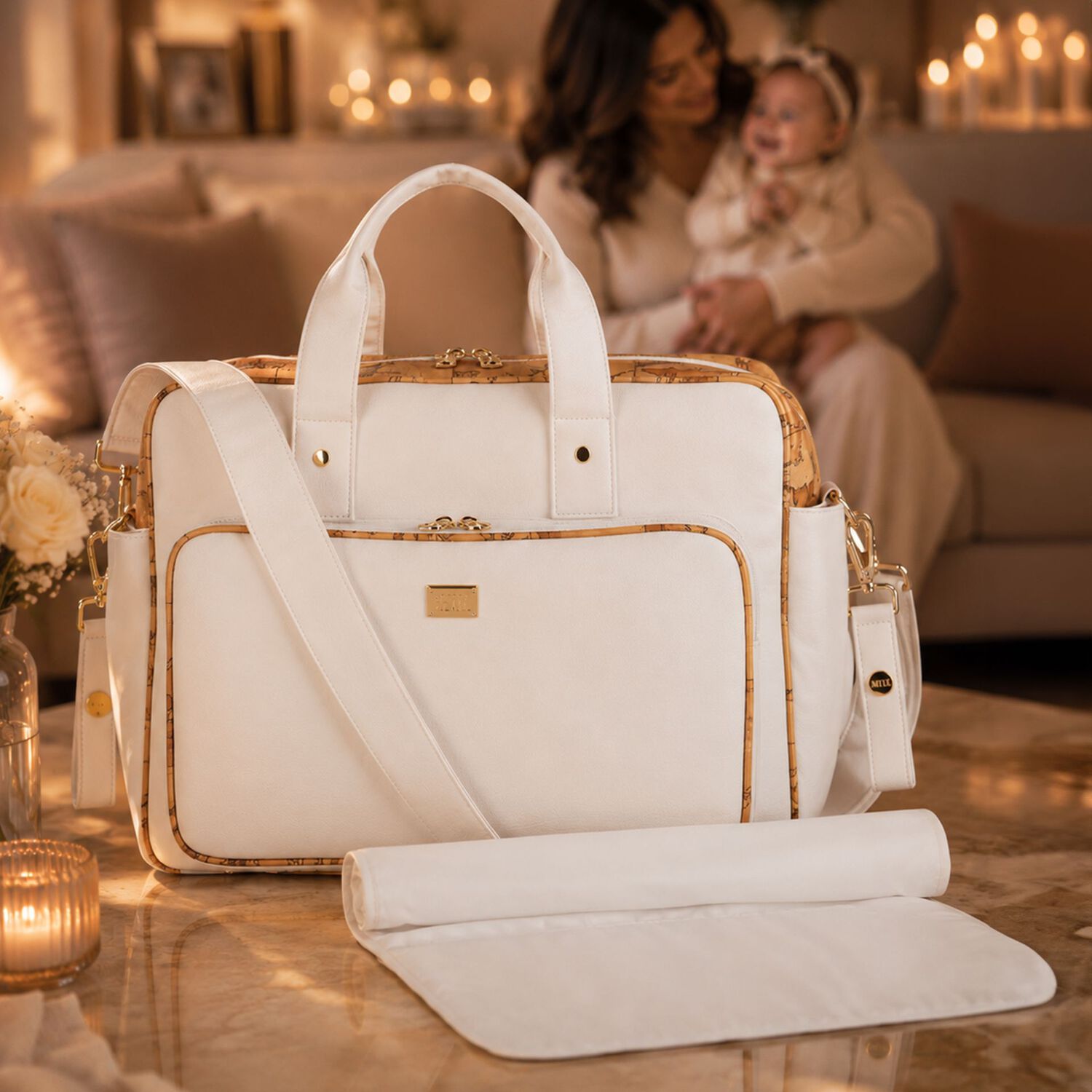 White & Beige Geo Map Baby Changing Bag, 1, hi-res