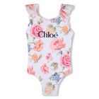 Girls White Floral Logo Swimsuit, 1, hi-res